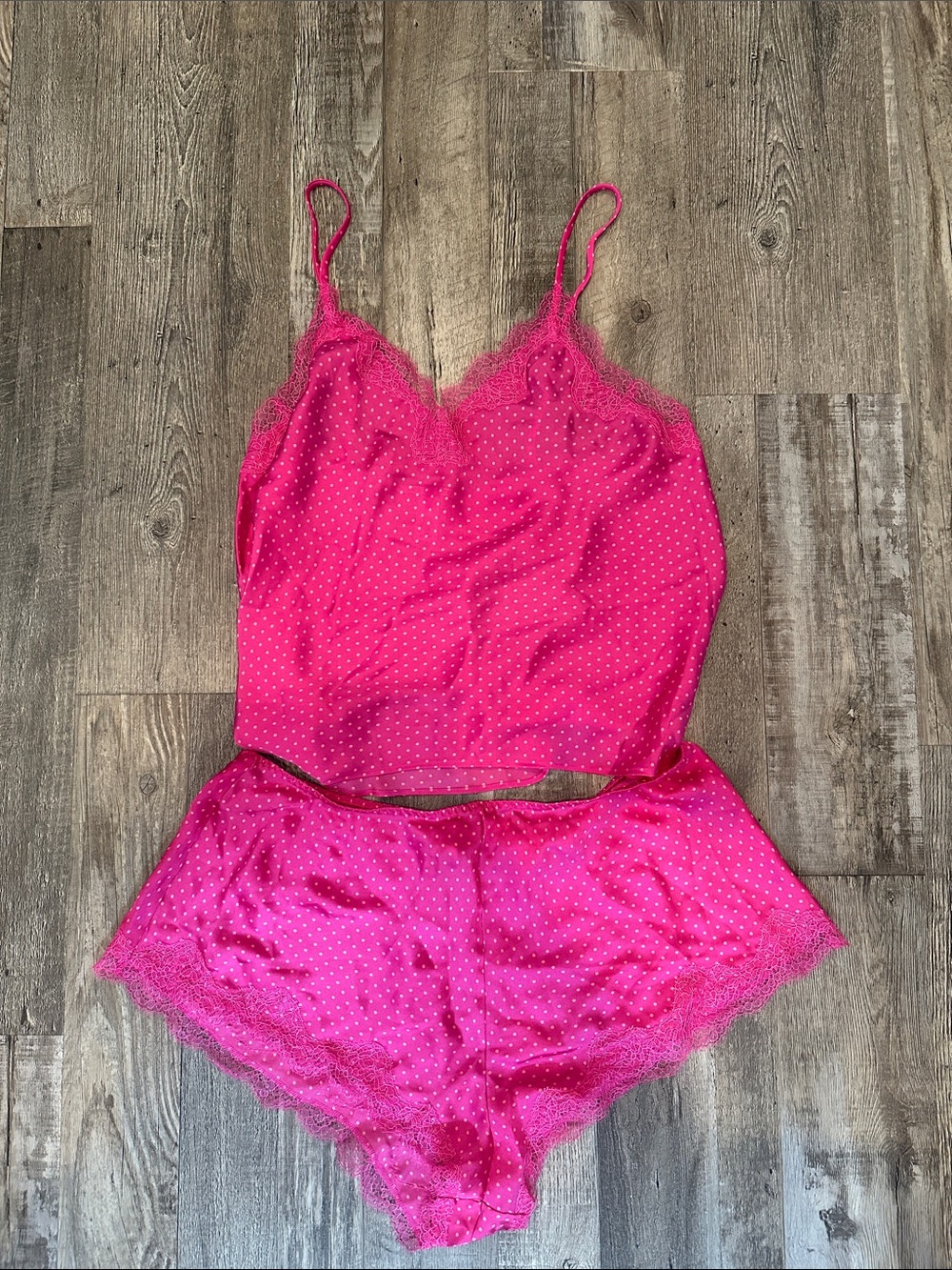 VS Hot Pink Lace Trim Satin Cami & Short Set